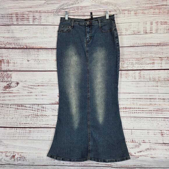 Y2K Mermaid Trumpet Flare Denim Maxi Skirt 5/6 Med Blue Stretch Jean Retro Fade - Picture 1 of 13